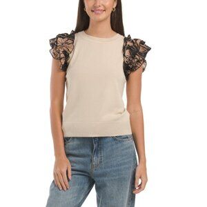 RIO & RIAN Arctic Scoop Neck Printed Chiffon Ruffle Sleeve Pull Over Sweater
